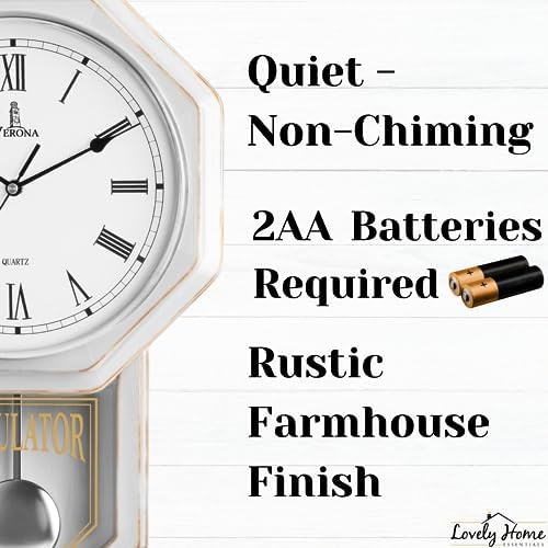 Pendulum Wall Clock, Real Wood Regulator Clock, White, Quiet Non-Chiming