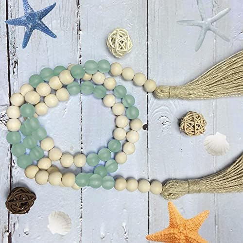 OMISHE Wood Bead Garland with Tassels 52 Inches, Handmade Wooden Beads with Round Acrylic Beads, Boho Wooden Beads Home Decor, Farmhouse Beads Garland for Tiered Tray Decor Beach Decor Green