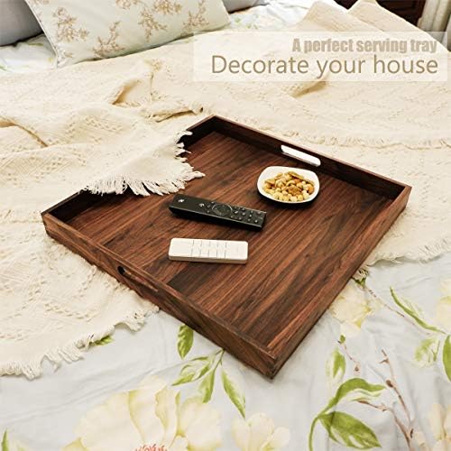 19"x 19" Large Black Walnut Square Ottoman Serving Tray with Handles