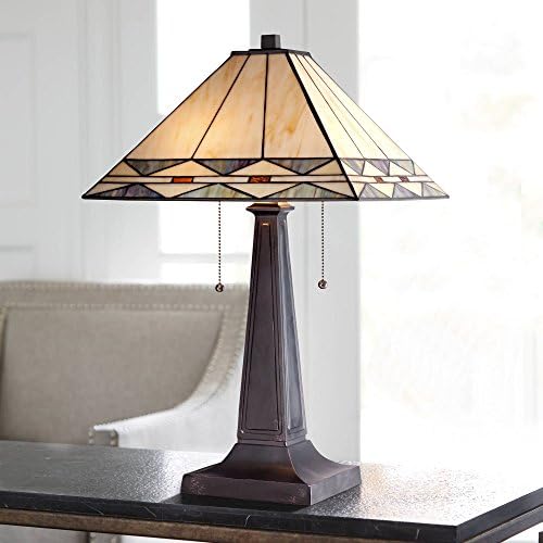21 1/2" High Table Lamp Bronze Brown Stained Glass Antique Art Deco