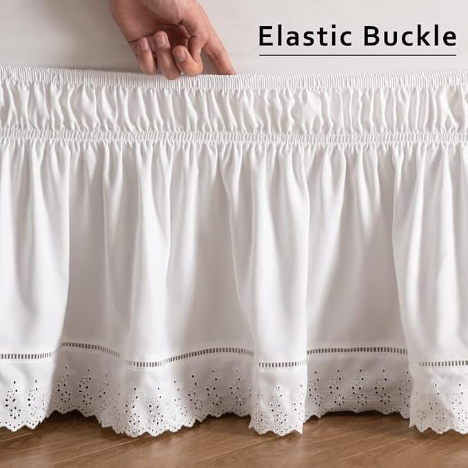 MIYE Wrap Around Ruffled Lace Bed Skirt, Elastic Dust Ruffle with Adjustable Belts, Easy to Put On, Bed Frame Cover, Machine Washable (Embroidered/White, King/Queen-18 Drop)
