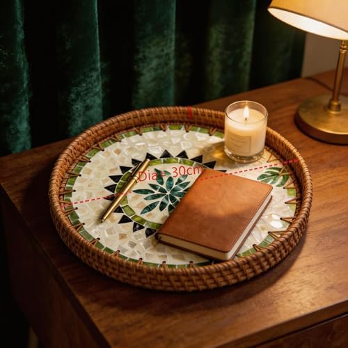 Boho Handwoven Rattan Tray with Mother of Pearl Inlay, 30cm Round Decorative Tray, Wooden Base Serving Tray for Breakfast, Vanity, Coffee Table & Wall Hanging Decor (Size:Middle, Pattern:GreenSun)