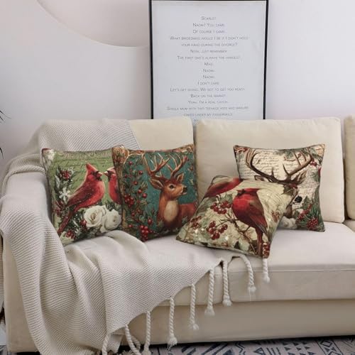 Christmas Animals Throw Pillow Covers Set of 4 Decorative Soft Double Sided Print Pillow Case Farmhouse Home Decor for Living Room Sofa Couch 18x18