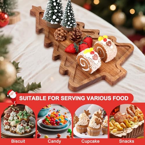 Acacia Wood Christmas Tree Tray - Decorative Serving Platter, Festive Plate, Xmas Dish & Wooden Charcuterie Board for Holiday Gift, Cheese, Fruit, Veggie & Cookie, Food, Snack, 16” x 10”