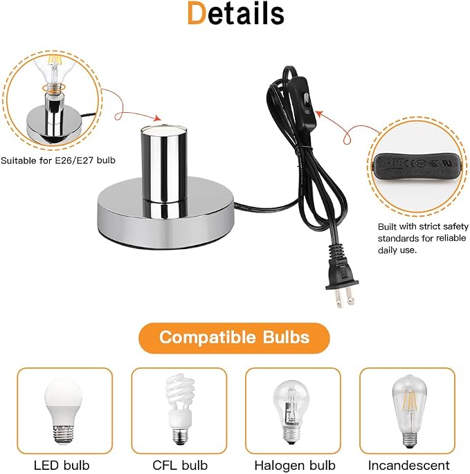 Helunsi Industrial Table Lamp Base, Silver E26 E27 Lamp Base Without Shade