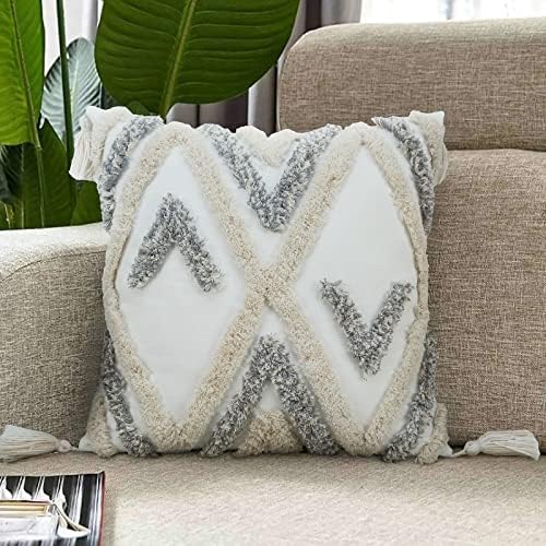 Merrycolor Boho Decorative Throw Pillow Covers Grey and White Pillow Cover with Tassels Soft Woven Tufted Pillow Case Neutral Accent Cushion Cover for Couch Sofa Bedroom,18x18,1PC