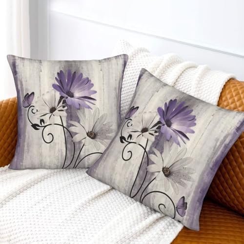 Purple Floral Pillow Covers 16 x 16 Inch Set of 2 Daisy Floral Butterfly Decorative Throw Pillow Covers Linen Rustic Farmhouse Cushion Cases for Home Sofa Couch Living Room Decor