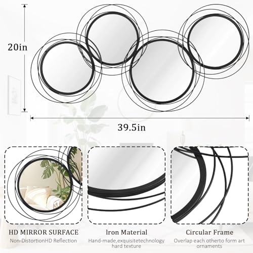 Black Wall Mirror Set, Metal Framed Round Mirror 4 Pack Circle Modern Decorative Mirrors for Living Room Bedroom Bathroom Entryway 20x40 Inch Home Decor