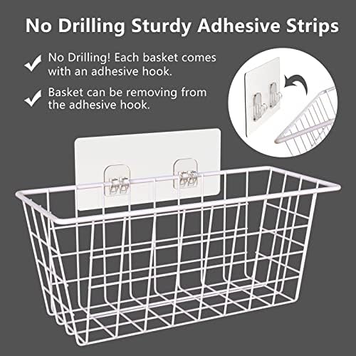 MaraFansie Wall Wire Baskets Bin No Drilling Adhesive Hanging Baskets Wall Mounted for Cabinet & Pantry Organization and Kitchen, Bathroom, Bedroom Storage, 2 Pack, White