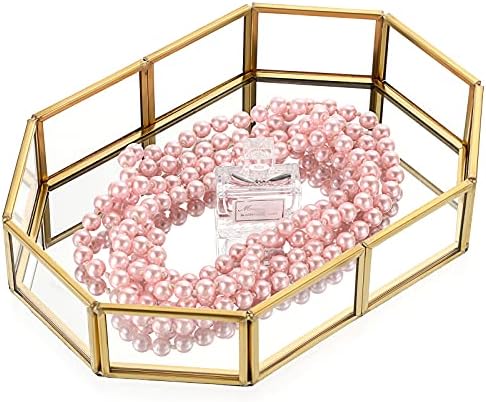 Hipiwe Mirror Glass Vanity Tray - Gold Ornate Makeup Organizer Perfume Tray