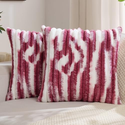 FUTEI Pack of 2 Faux Fur Throw Pillow Covers 20x20 Inch, Burgundy White