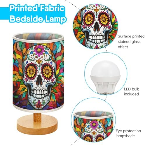 Day of The Dead Table Lamp LED 3-Color Pressed Bedside, Day of The Dead Shade Lamp with Wood Base for Bedroom Living Room Desk Office TL01