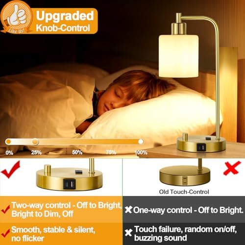 Lynnoland Set of 2 Industrial Table Lamps with USB C+A Ports and Outlet, Gold Fully Stepless Dimmable Bedside Lamps, Nightstand Lamp with Opal Glass Shade for Reading Office (2 LED Bulb)