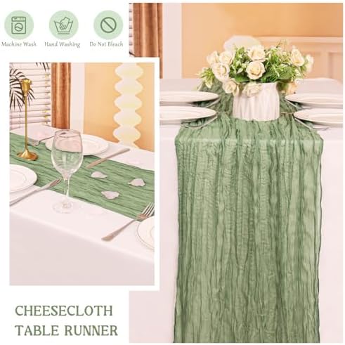 3 Pack 120 Inch Sage Green Cheesecloth Table Runner Boho Rustic Gauze Sheer Romantic 10 FT Long Cheese Cloth Table Runner for Bridal Baby Shower Wedding Party Birthday Holiday Home Easter Decor