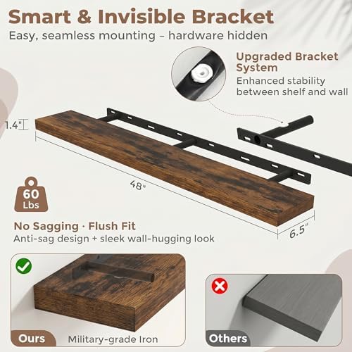 FLYJOE 48 Inch Floating Shelves for Wall Set of 2, 6.5" D Wood Grain Bathroom Shelves with Invisible Brackets, Easy Install Engineered Wood Storage Shelves for Kitchen, Living Room, Bedroom
