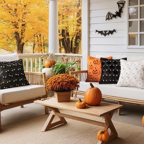 Orange Halloween Pumpkin Fall Throw Pillow Covers 20"x20" Set of 2 Soft Faux Fur Ghost Pillow Covers for Couch Sofa Bed, Cute Autumn Farmhouse Cushion Case for Holiday Home Living Room Decor