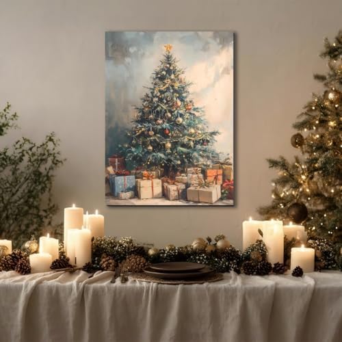 Framed Vintage Canvas Wall Art, Rustic Winter Evergreen Tree Pictures 24x36inch Pine Tree with Gifts Wall Decor for Kitchen, Bathroom, Room Decor Perfect for Winter, Christmas Decoration