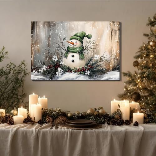 Vintage Christmas Snowman Canvas Art 12x18inch, Festive Wall Art with Snowmen in Winter Scene Paintings, Framed Winter Wonderland Decorations, Perfect for Christmas Room Decor