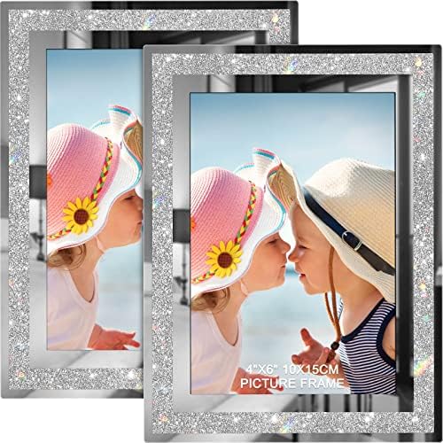 4x6 Picture Frames Set of 2, Glitter Glass Photo Frame for Tabletop Display, Gifts Picture Frame, Horizontally or Vertically