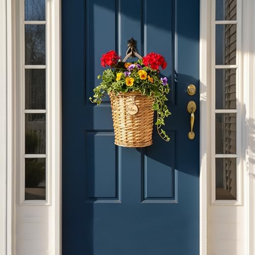 Hiceeden Wicker Hanging Wall Basket, Woven Front Door Flower Basket, Flat Hanging Storage Basket Wall Decor for Home, Garden, Pantry, Farmhouse