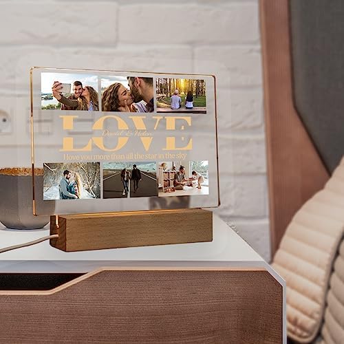 Personalized Photo Acrylic LOVE Sign Plaque Gifts for Couples Girlfriend Boyfriend Wife Husband Customizable LED Night Light Wooden Base Lamps Desk Bedroom Decor Signs