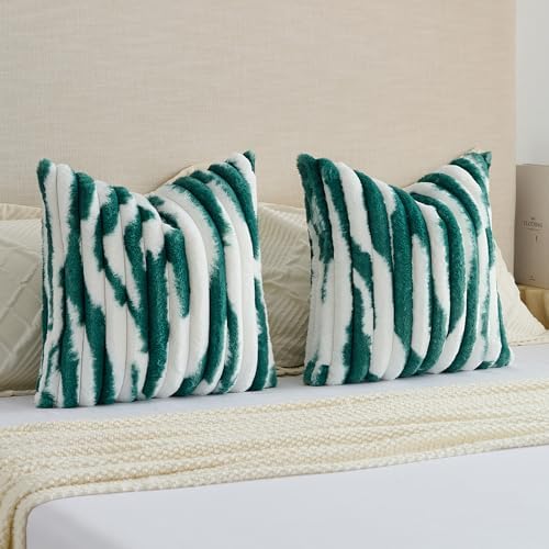 FUTEI Pack of 2 Faux Fur Throw Pillow Covers 22x22 Inch, Green White