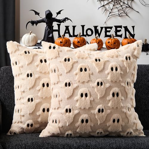 DFXSZ Halloween Pillow Covers 18x18 inch 2Pcs Beige Ghost Halloween Decor