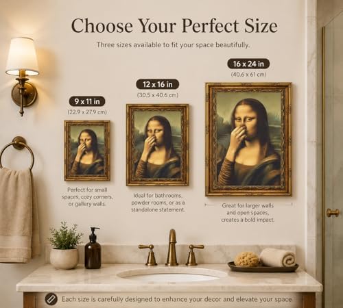 CXKAWM Vintage Gold Framed Funny Mona Lisa Bathroom Canvas Wall Art 9x11in | Mona Lisa holding nose Bathroom Wall Decor Picture Humor Amusing Toilet Poster Print for Bathroom Home decoration