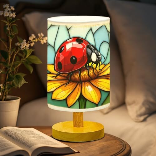 Ladybug Flower Table Lamp LED 3-Color Pressed Bedside, Ladybug Flower Shade Lamp with Wood Base for Bedroom Living Room Desk Office TL01