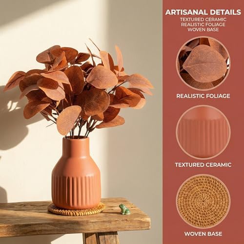 Artificial Eucalyptus Greenery Stems in Ceramic Vase 10Pcs Fake Plants Eucalyptus Leaves for Centerpiece Table Decorations Home Room Decor Office Desk Decor Small Fall Plant Decor
