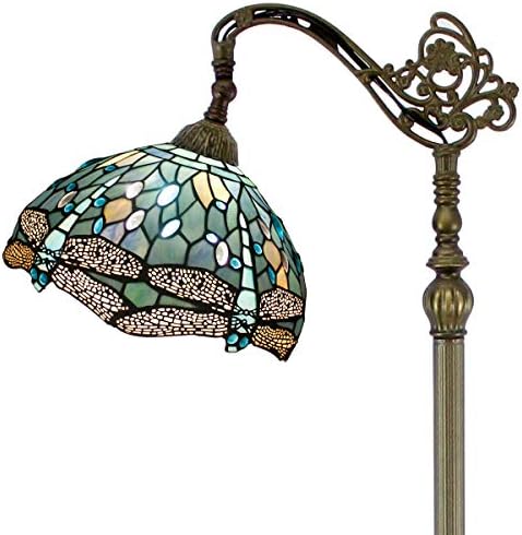 WERFACTORY Tiffany Style Reading Floor Lamp Sea Blue Stained Glass with Crystal Bead Dragonfly Lampshade in 64 Inch Tall Antique Arched Base for Bedroom Living Room Lighting S147 (No Bulb)