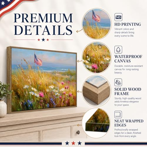 American Flag Framed Canvas Wall Art, 4th of July Patriotic Canvas Prints | Wildflower Landscape Poster Print, Vintage Rustic Independence Day Wall Decor for Bedroom Living Room Office 24×32in