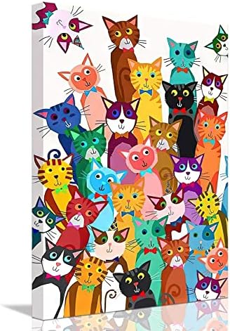 Funny Colorful Cat Bathroom Wall Art, Cute Cartoon Kitty Canvas Print | Framed Cat Poster Palyful Animal Picture Wall Decor for Bathroom Kids Bedroom Nursery Playroom 12x16 Inches