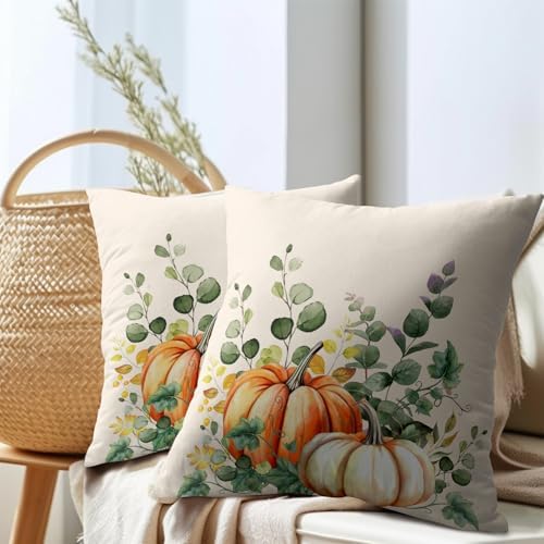 Fall Throw Pillow Cover 16x16 Inch Pack of 2 Autumn Watercolor Pumpkin Sage Green Leaf Outdoor Pillow Protector Thanksgiving Sofa Cotton Linen Square Pillow Set Farmhouse Pillowcases for Home Bed