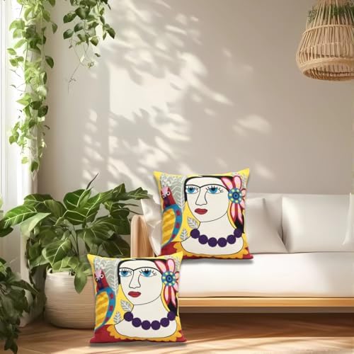 2 Pcs Embroidered Decorative Throw Pillows Covers for Sofa Decor Cushion Cases 18 x 18 Inch (Necklace Lady)