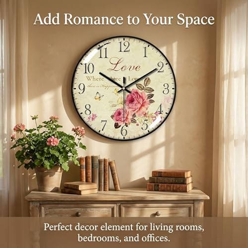 Decorative Wall Clock Battery Operated, 12-Inch Retro Vintage Floral Butterfly Pattern, Glass Dial, Silent Non-Ticking, Roman Numerals, for Living Room Bedroom Office