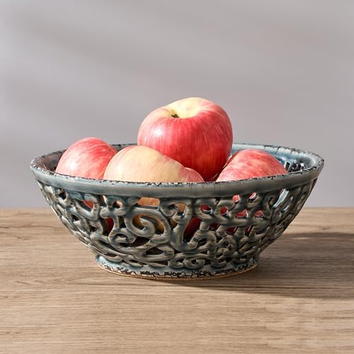 SIDUCAL Ceramic Fruit Bowl for Kitchen Counter,Decorative Fruit Basket with Holes, 10.43" Large Hollow Out Fruit Vegetable Holder Bowl for Table Decor, Gray