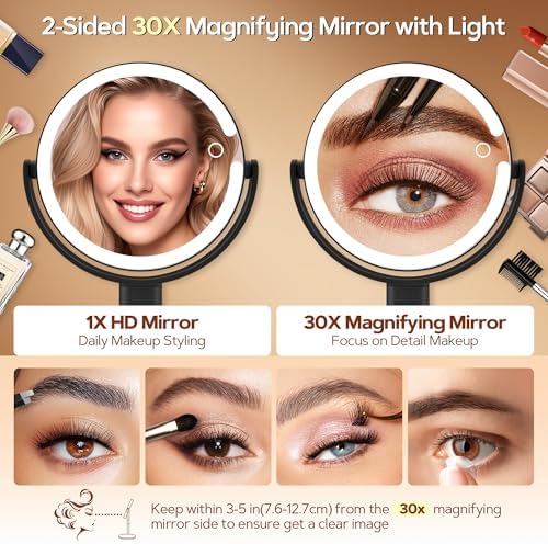 B Beauty Planet Vanity Mirror with Lights, 30X Magnifying Makeup Mirror, 3 Lighting and Adjustable Brightness, Rechargeable 2-Sided Height Adjustable Desk Mirror for Bedroom, Gifts for Women Black