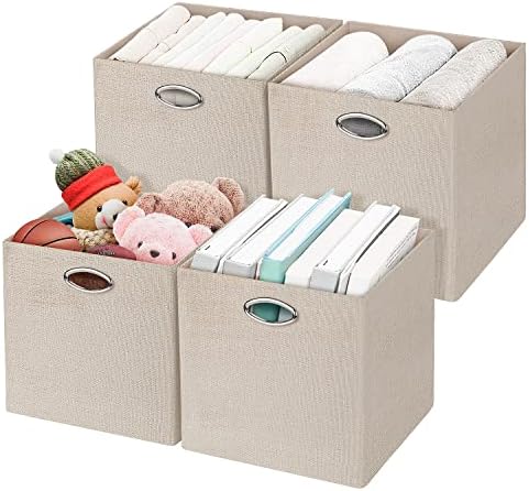 Posprica Storage Cubes, 12×12 Storage Bins, Fabric Drawers Organizer Basket, 4pcs, Beige
