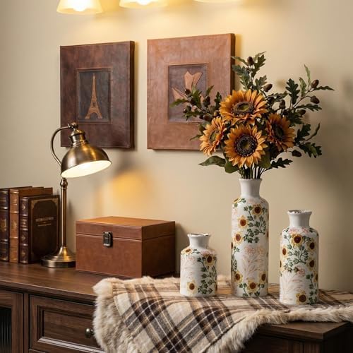 Vintage Ceramic Flower Vase Set of 3, Rustic Farmhouse Vase for Home Decor, Distressed Decorative Vase for Table Entryway Mantel Centerpiece Living Room Bathroom Bedroom (Sunflower Crackle)