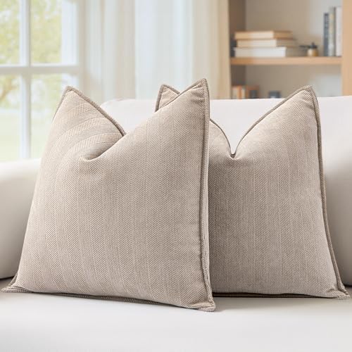Beige Chenille Throw Pillow Covers 16x16 Inch Set of 2