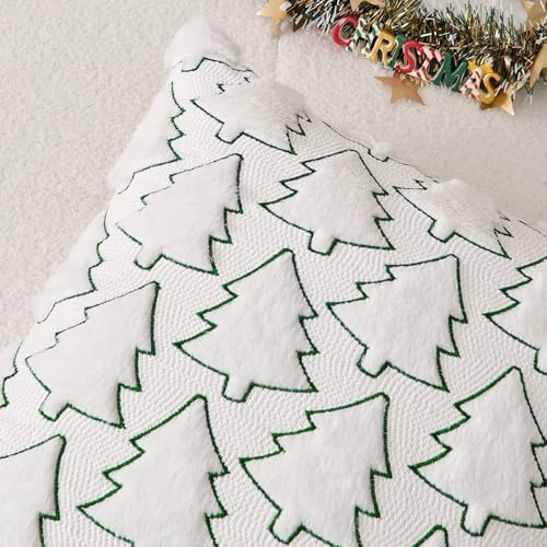 Kevin Textile Christmas Pillow Covers 18x18 Inch Set of 2 Interesting Christmas Tree Embroidery Soft Plush Faux Fur Pillowcases for Couch Sofa Holiday Festivals Winter Xmas Gift, Cream White