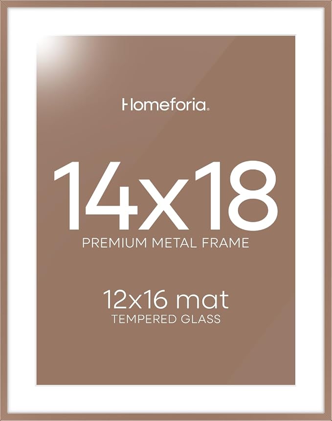Homeforia 14x18 Mocha Picture Frame, High-End Metal, 12x16 Mat, Glass