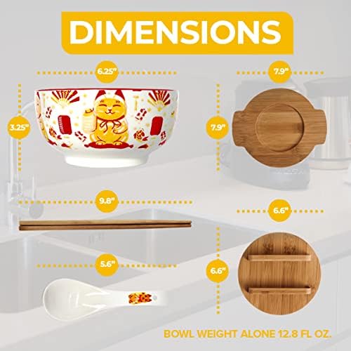 XWORLD Japanese Ceramic Ramen Noodle Bowls Set with Ceramic Spoon, Bamboo Chopsticks, Lid & Trivet, Serving Capacity of 33.8 OZ, Microwavable Oven Safety (3.3” x 6.6” D) (Lucky Cat)