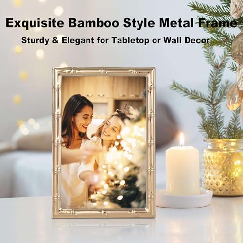 4x6 Gold Picture Frame with Elegant Metal Bamboo Design, 4 x 6 Photo Frames with HD Real Glass, Versatile Display for Tabletop or Wall Mounting, Great for Home Decor and Gift Giving (2Pcs)