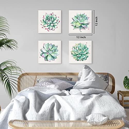 Succulent Wall Decor for Bathroom Mint Green Cactus Wall Art for Living Room Kitchen Accessories Nature Plant Wall Decor Tropical Botanical Leaf Canvas Pictures Bedroom Home Decorations 12x12" 4 Pcs