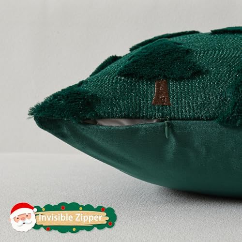 UGASA Star Christmas Decorative Pillow Covers 18x18 Inch Set of 2 Soft Plush Faux Fur Jacquard Throw Pillows Pillowcases for Couch Sofa Holiday Festivals Winter Home Decor, Dark Green