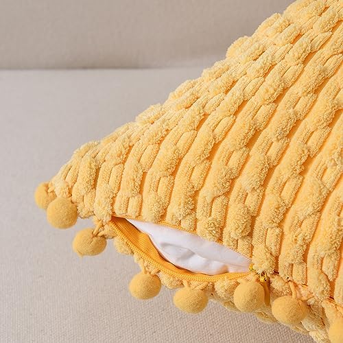 Fancy Homi Set of 2 Yellow Decorative Throw Pillow Covers 22x22 Inch with Pom-poms for Couch Bed Sofa, Modern Farmhouse Boho Home Decor, Soft Plush Corduroy Cute Cushion Case 55x55 cm