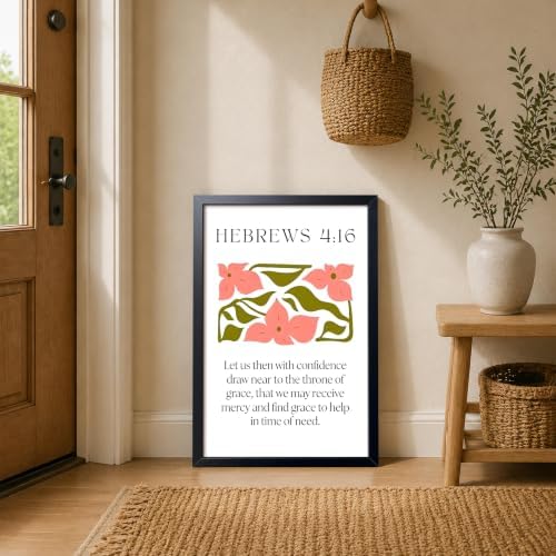 Framed Hebrews 4:16 Bible Verse Wall Art, Christian Floral Canvas Wall Decor Painting, Boho Religious Inspirational Scripture Print Poster Picture for Living Room Bedroom Prayer Room Home Decor 16x24 Inch