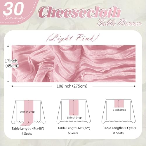 30 Pack Light Pink Cheesecloth Table Runner 17 x 108 inch Cheese Cloth Table Runners 9ft Pink Table Runner Rustic Romantic Sheer Gauze Runner for Wedding Party Baby Shower Table Decoration